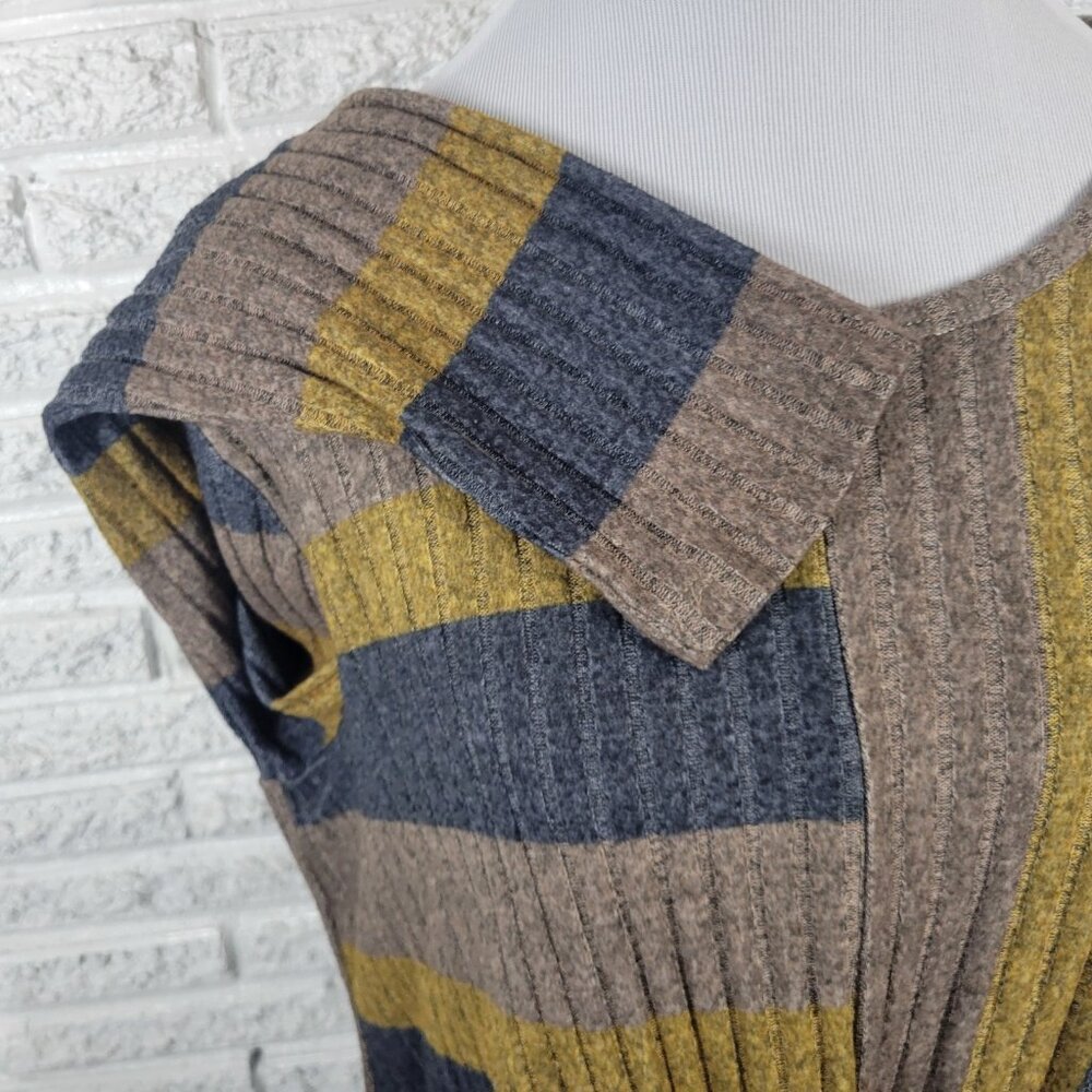 One World Live Let Live XL Blue Gold Striped Knit Pullover Sweater Knot SWE46E - Picture 5 of 9